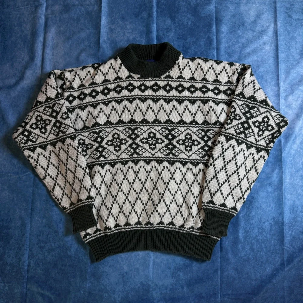 Vintage Woolrich USA Nordic Fair Isle Knit Sweater Green White Men's L
